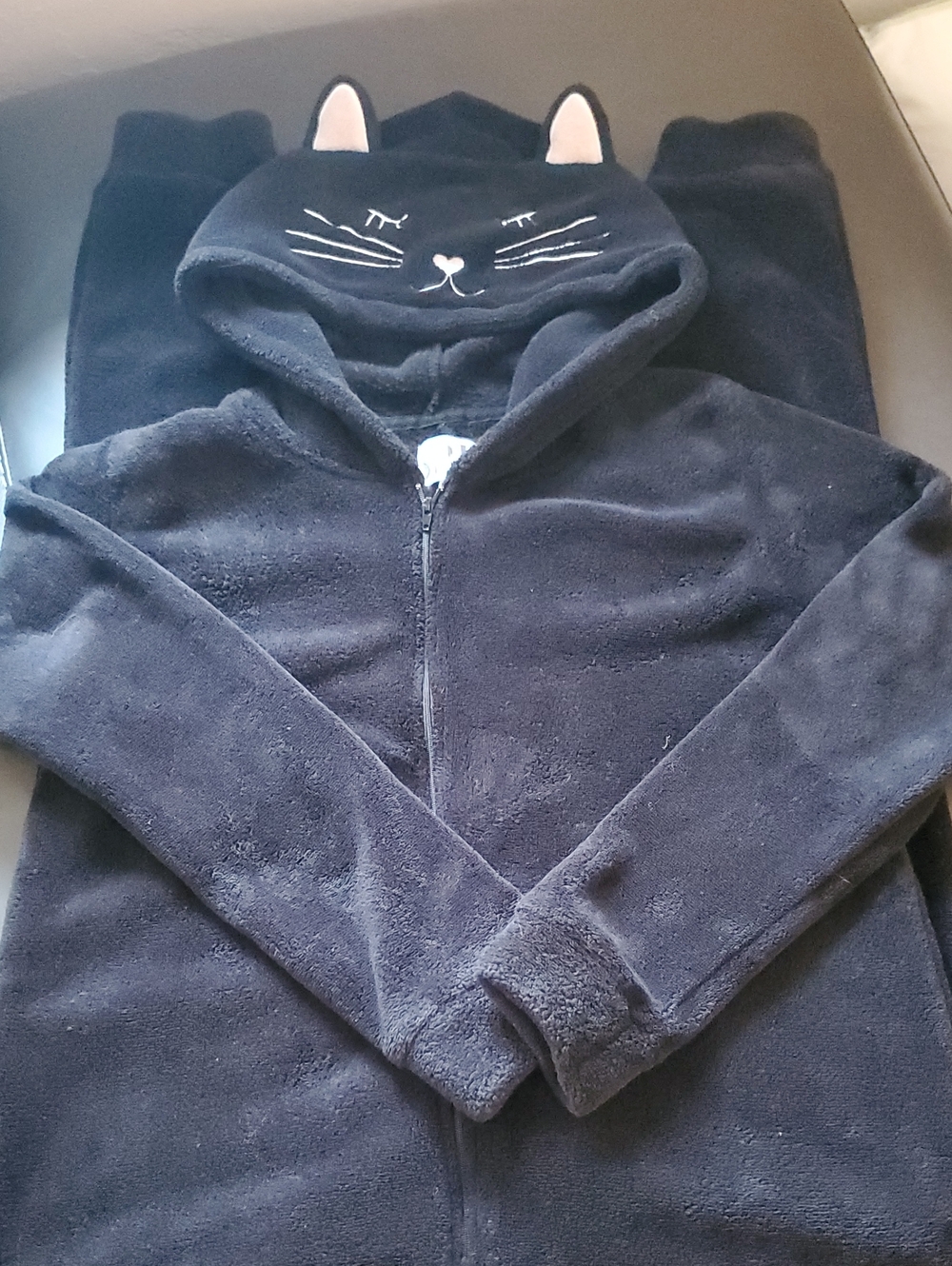 Black Cat Hooded Fleece Pajama Onsie Zip Up Jumper Pj's Or Halloween Sz Small